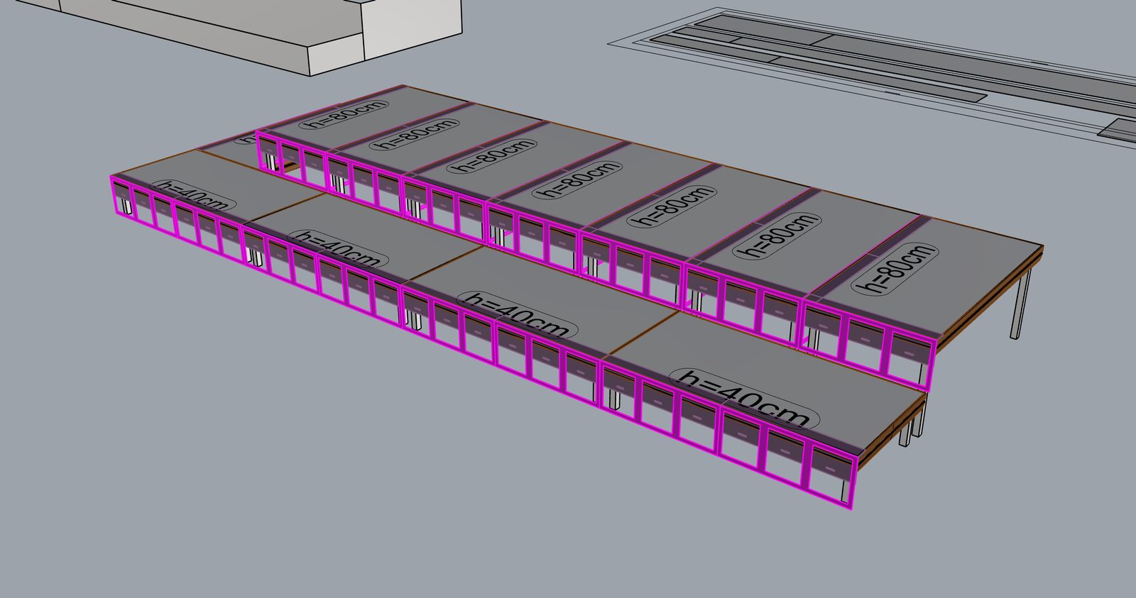 Scène et vitrine — Les praticables et leurs cadres, modélisés en 3D