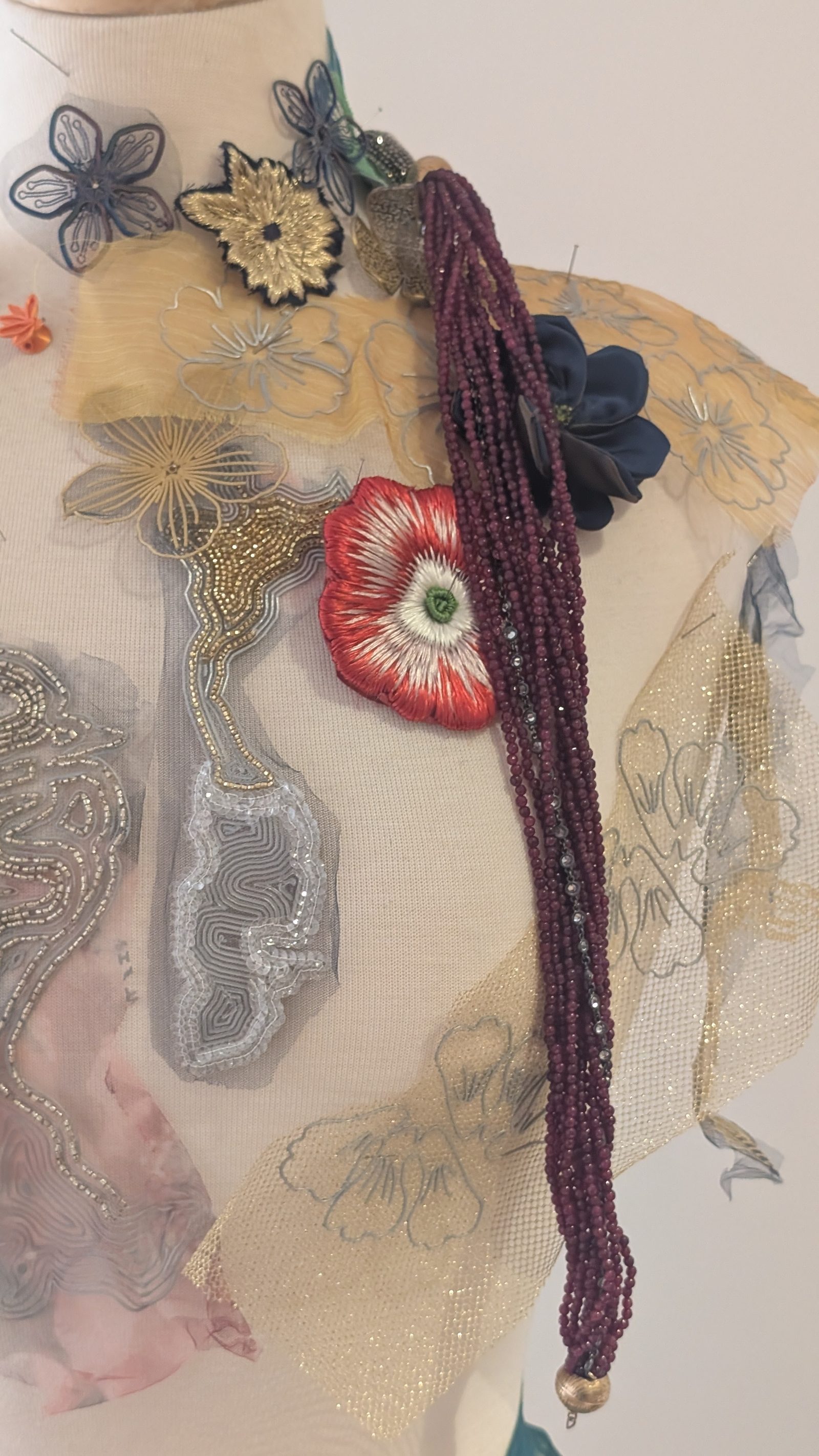 Textile et ornement — De près : fleurs brodées, tulle perlé, et un rang de perles qui pend