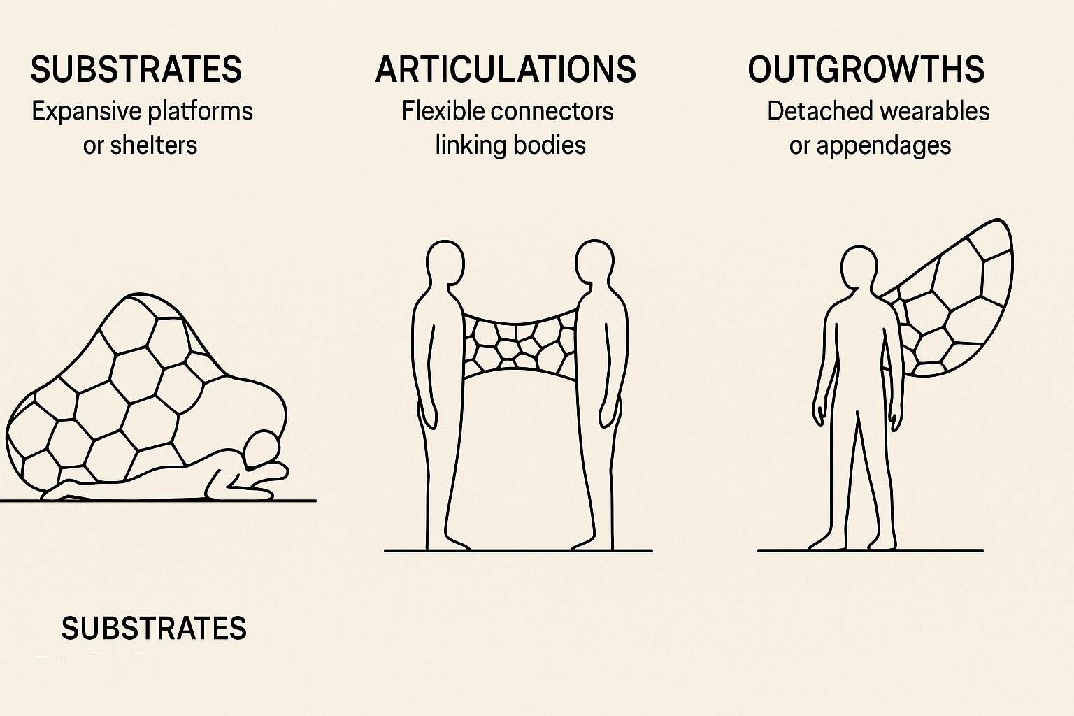 Starting with the Limbs — l'atelier — Planche de concept générée — substrats, articulations, excroissances