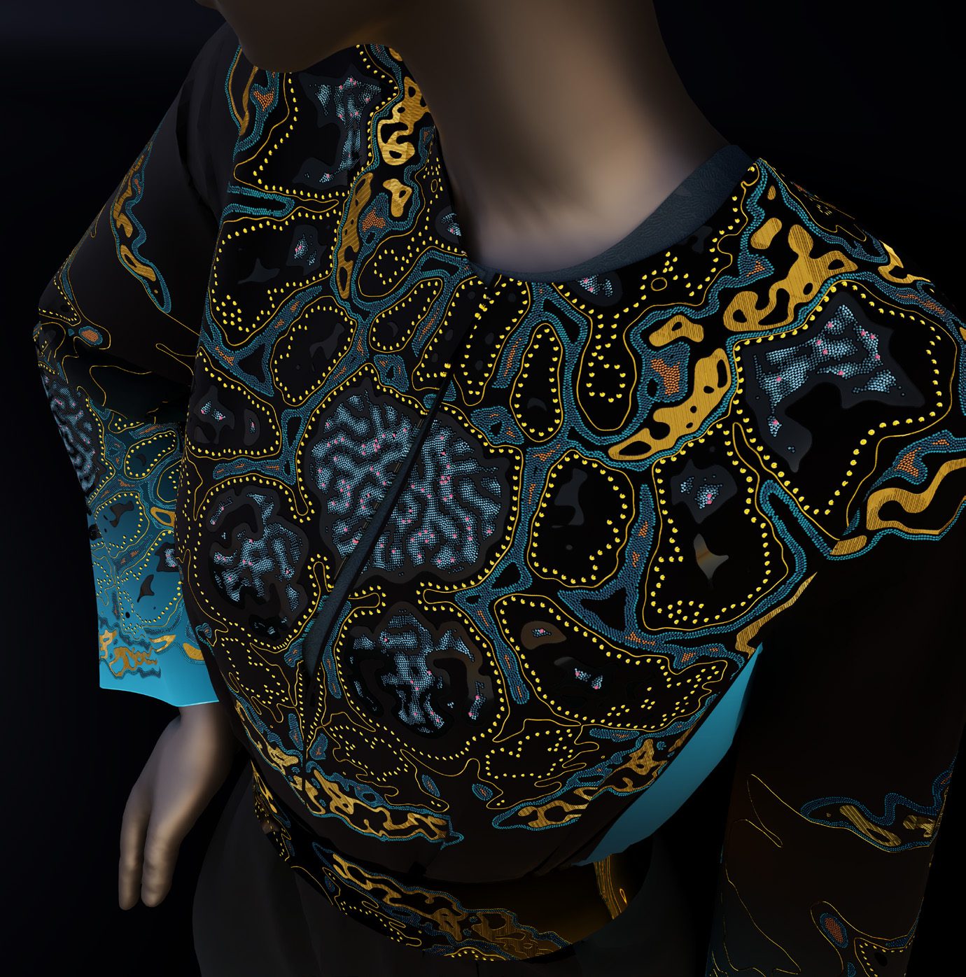 Thalassic Kaftan — Buste — or, turquoise et perles sur voile noir