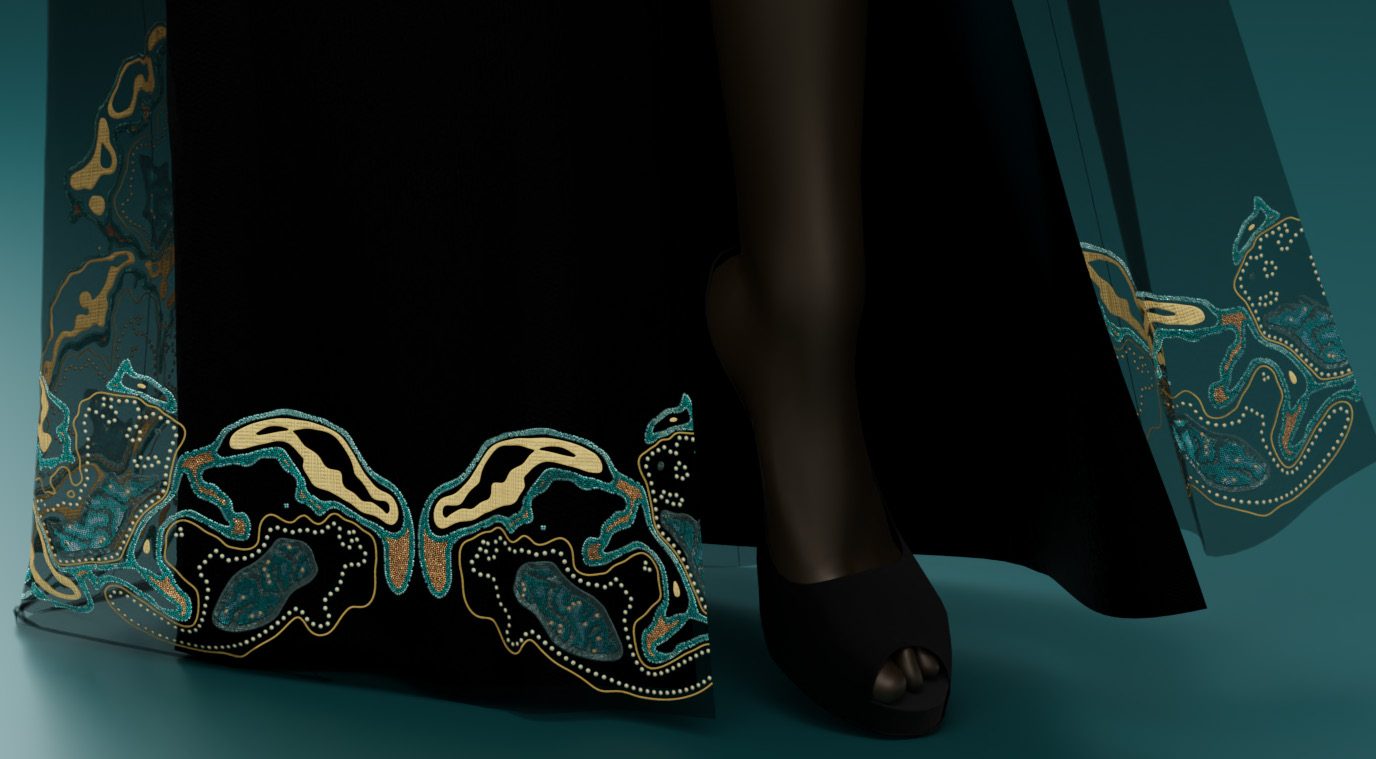 Thalassic Kaftan — Bas de robe — la broderie remonte de l'ourlet