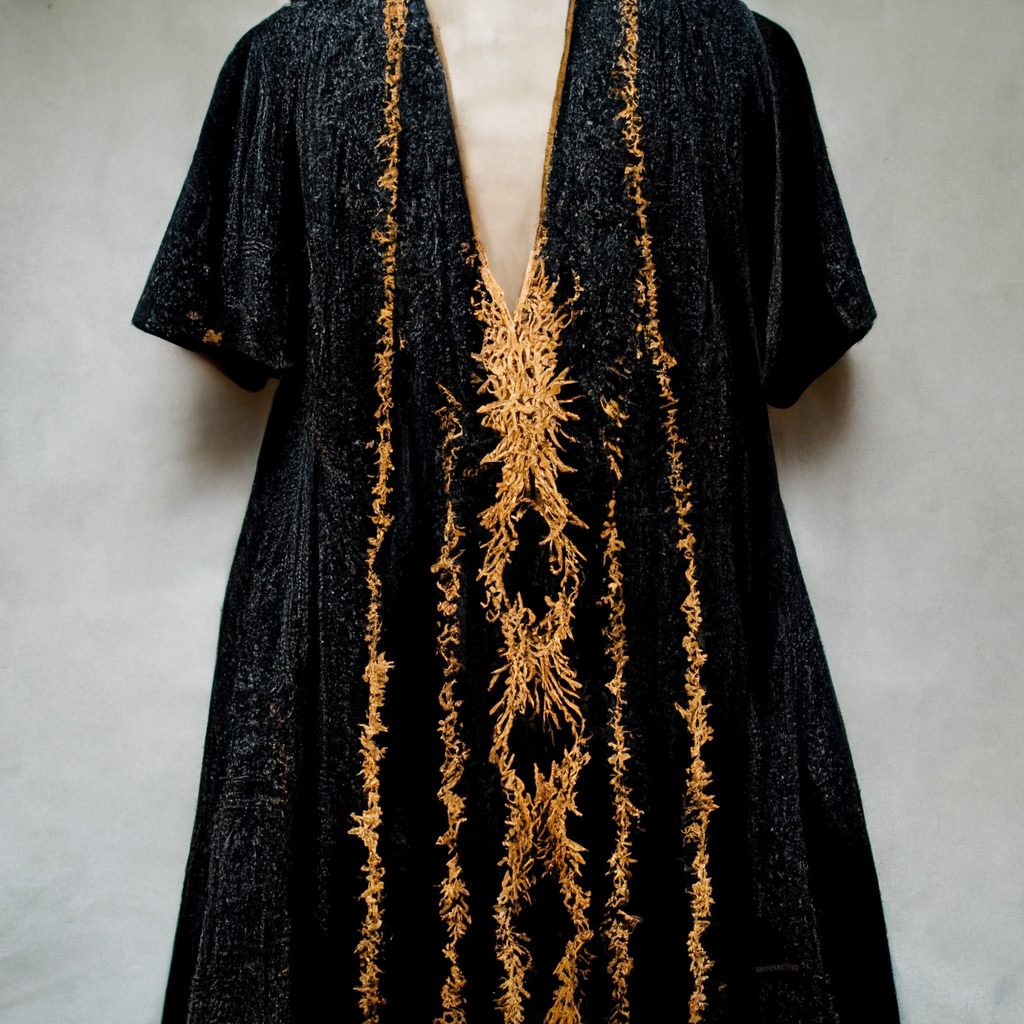 Thalassic Kaftan — Premier essai Midjourney — broderie d'or sur organza noir